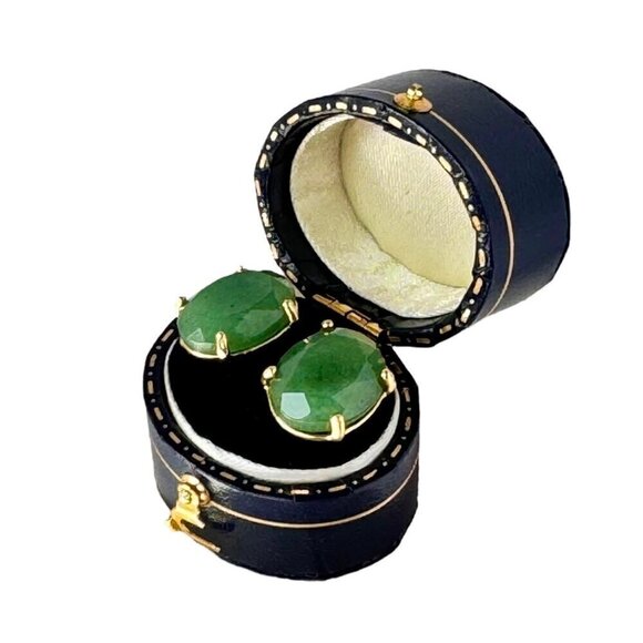 NEW Oval Stud Earrings Natural Green Aventurine 18K Gold Plated Classic 90s - Picture 2 of 11